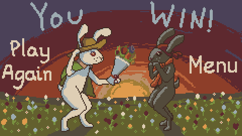 win screen. farmer bunny proposes to a gray bunny with a bouquet of flowers