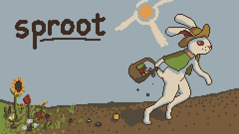 opening title art for sproot, featuring a white rabbit in a green cape and farmer hat